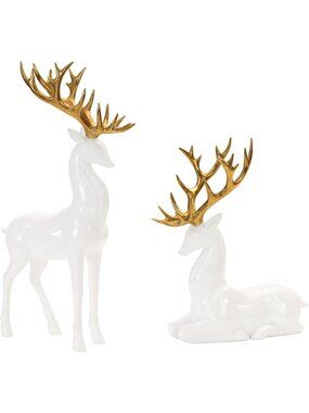 Elegant White and Gold Deer Antler Christmas Tabletop Figurines - Set of 2, 13